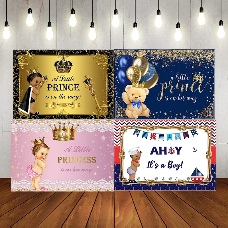 Prinz Babyparty Hintergrund Schwarz Gold Kleiner Prinz auf dem Weg Fotografie Hintergrund Jungen Neugeborene Oh Junge Krone Zepter Banner