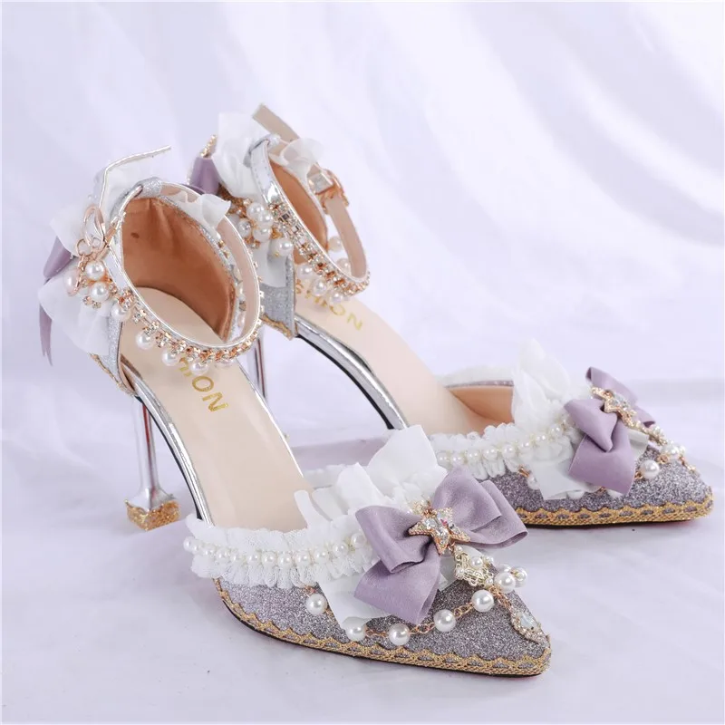 

High Heels 8cm Luxury Sweet Women Lolita Wedding Shoes Diamond Lace Bow Tea Party Cos Slingbacks Pointed Toe Ankle Strap Sandals