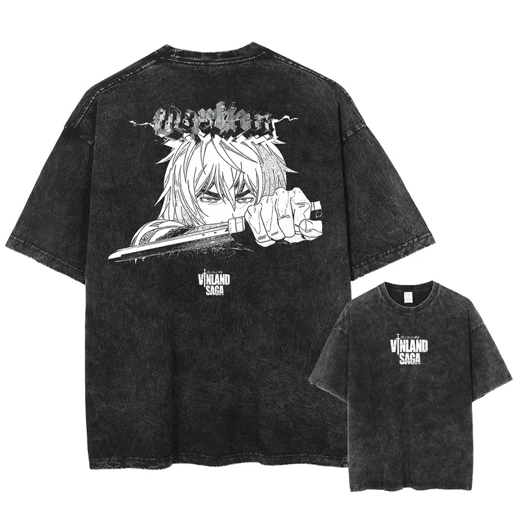 Camiseta Vintage de Anime de Vinland Saga, camiseta lavada con estampado de Thorfinn Karlsefni, camisetas de algodón de Manga para hombre, camiseta informal Harajuku para hombre