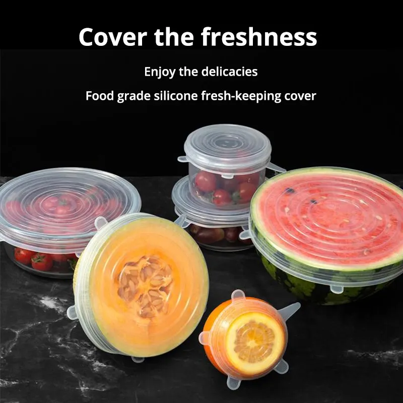 6Pcs/Set Transparent Silicone Kitchen Utensils Fresh-keeping Stretch Universal Bowl Cover Refrigerator Microwave Oven Sealed