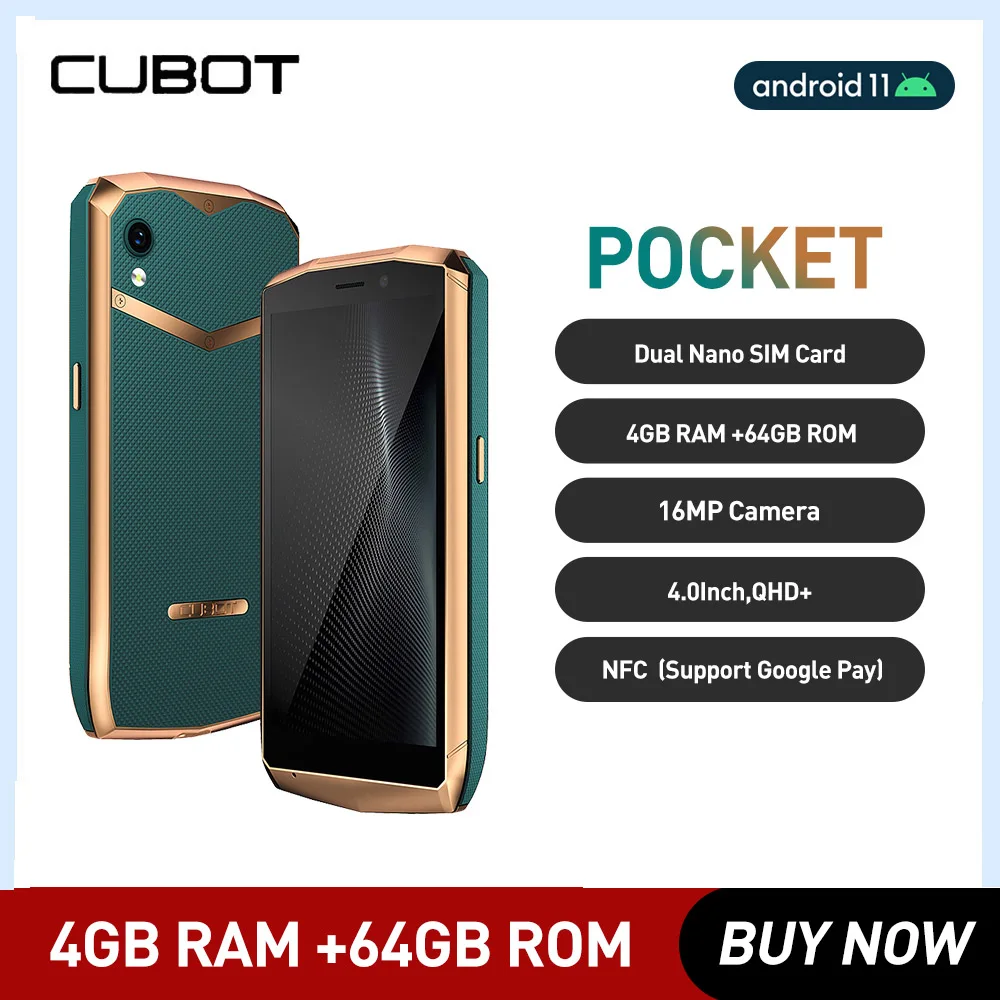 

Cubot Pocket Android 11.0 Mini Smartphones Quad Core 4GB+64GB 4.0 Inch Cellphone 16MP Camera 3000mAh Battery NFC Mobile Phone