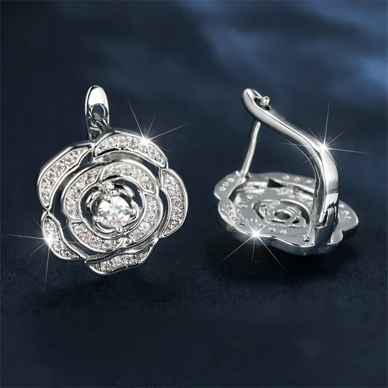 Charm Bridal Rose Flower Hoop Earrings For Women Silver Color White Zircon Wedding Ear Buckle Valentine Day Party Jewelry Gifts