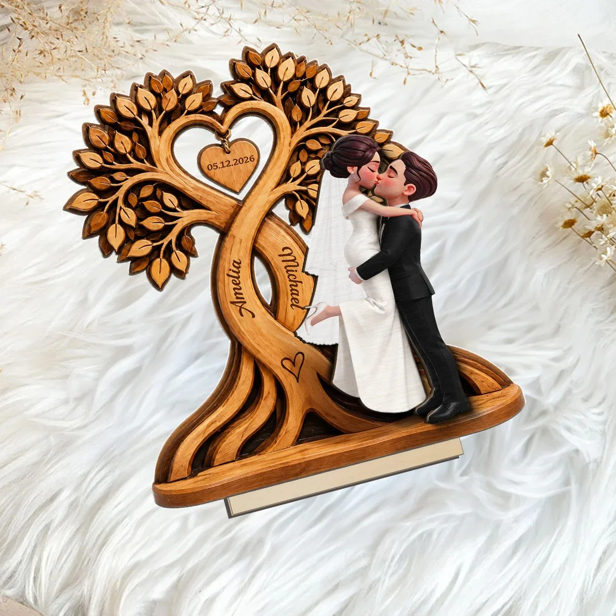 2D Flat Wooden Tree of Life Decor Custom Name Date Heart-Shaped Ring Holder 5.5 8 10 Inch Wedding Anniversary Gift