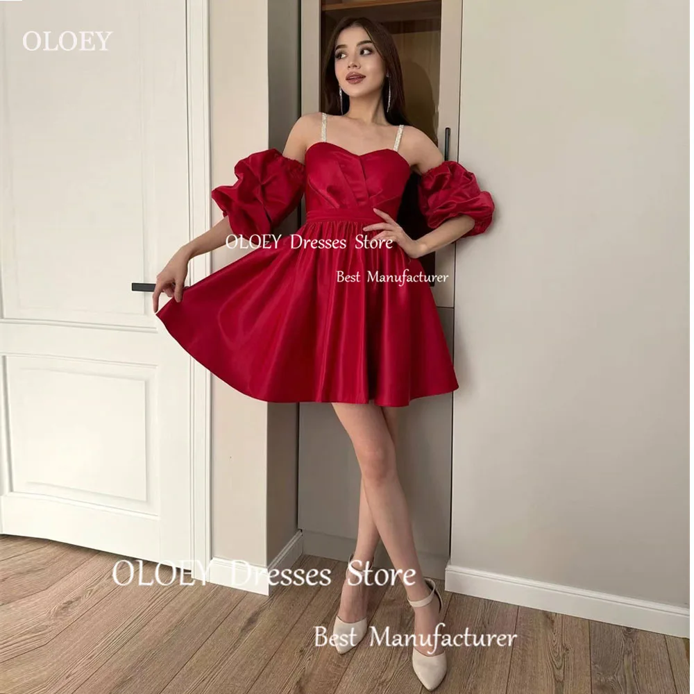 

OLOEY Red Satin Ruched A Line Sweetheart Sashes Cocktail Dress Mini Length Sleeveless Spaghetti Strap Prom Gowns Custom Made