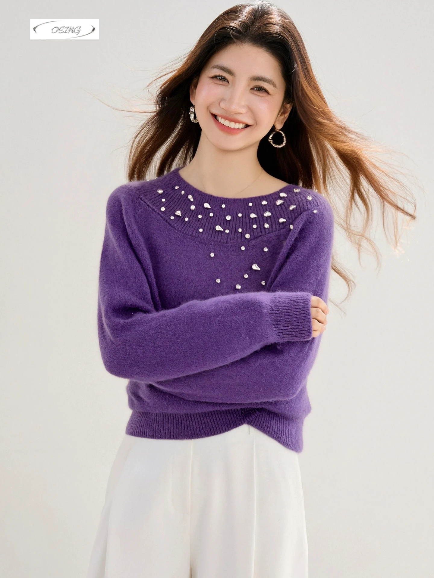 

Elegant Purple Diamonds Basic Knitted Pullover Sweater for Women Autumn Winter Long Sleeve O-neck Loose Bottoming Knitwear 9763
