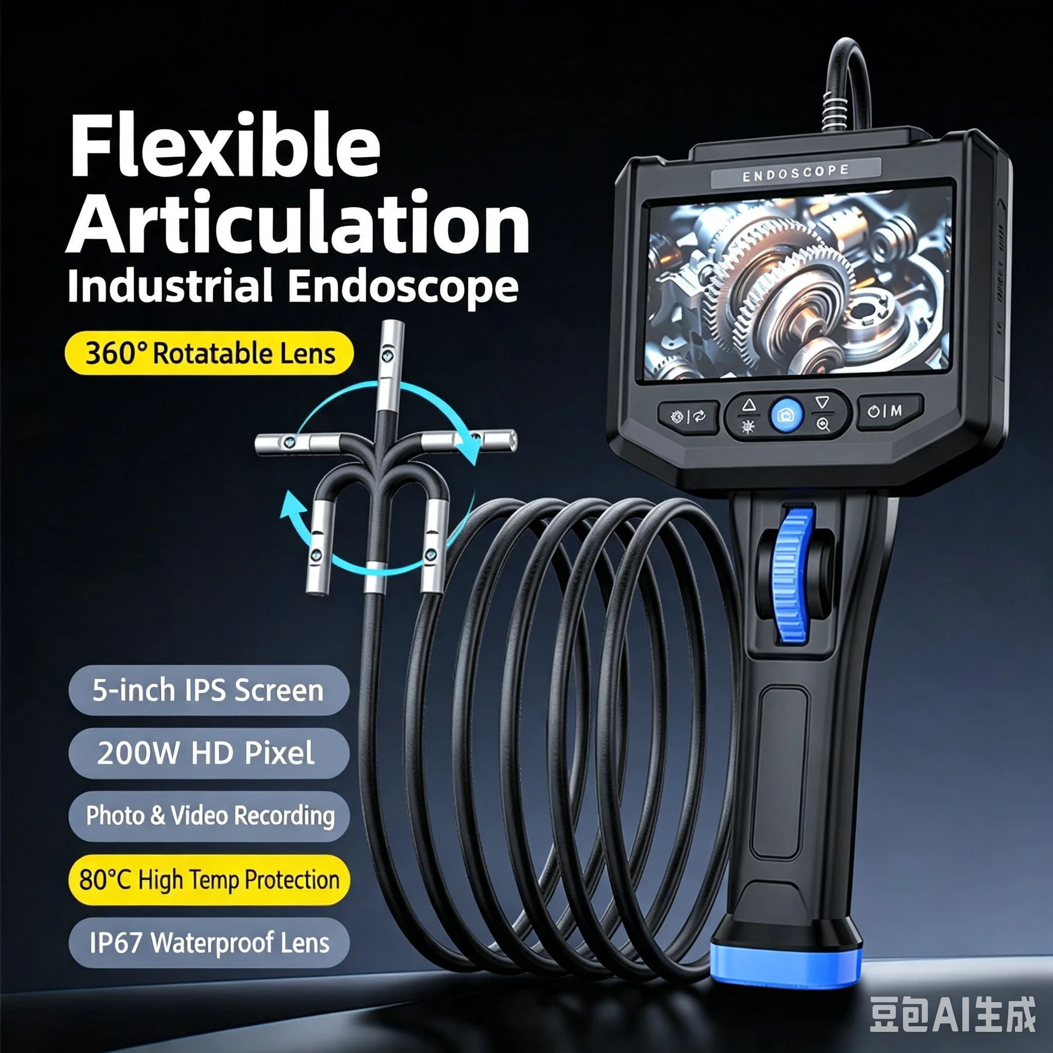 5Inch IPS Screen 6mm 2MP Single/Dual Lens 360Degree Steering Articulate Endoscope CMOS Borescope Inspection Otoscope Microscope