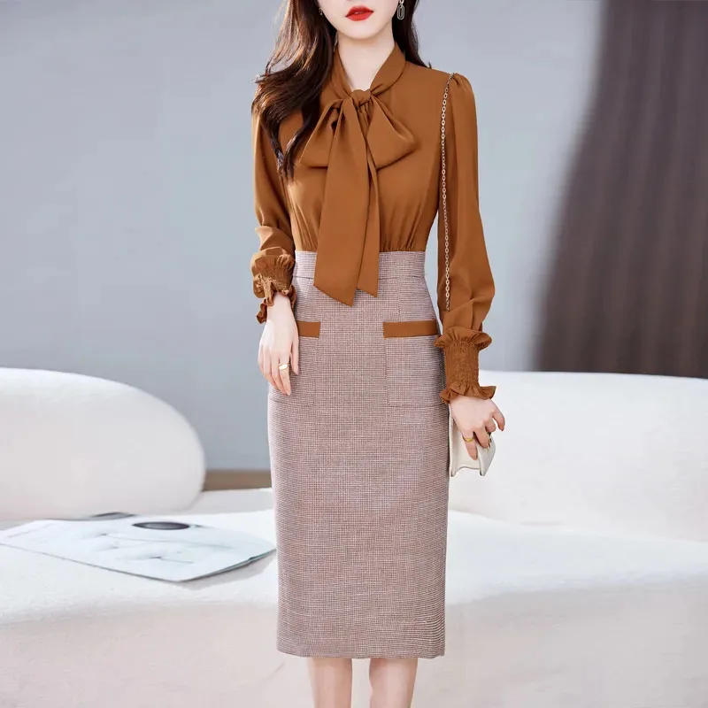 

New Spring Fashion Women's Fake Two-Piece Bag Buttock Bress Senior Sense Female Girl Pullover Dresses Lotus Leaf Sleeve