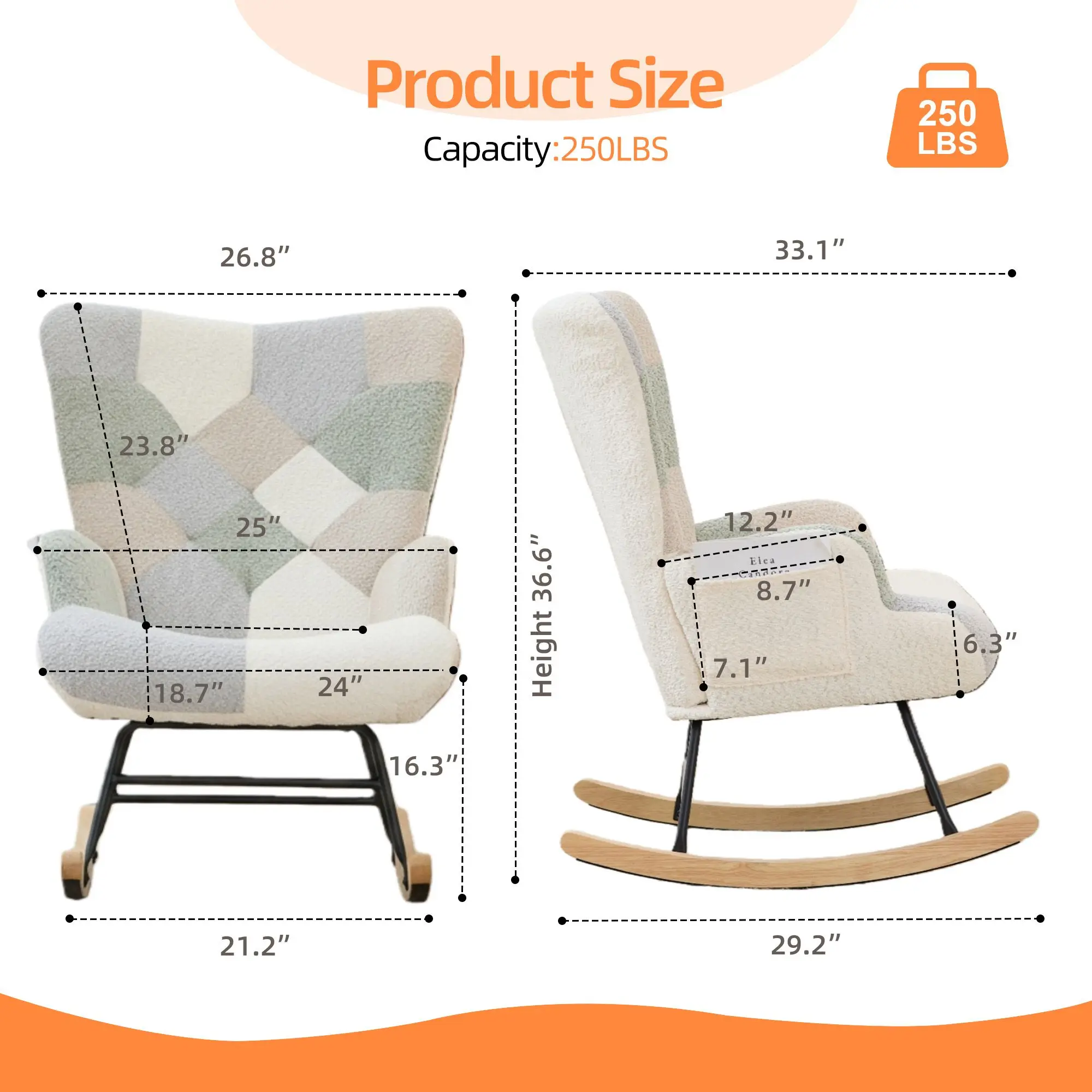Patchwork Teddy Fleece Upholstered Glider Rocking Chair, High Back Nursery Rocker Accent Armchair with Side Storage Pocket, Solid Rubberwood Rocking Base, Comfort Lounge Chair for Nursery, Living Room, Bedroom & Home Office