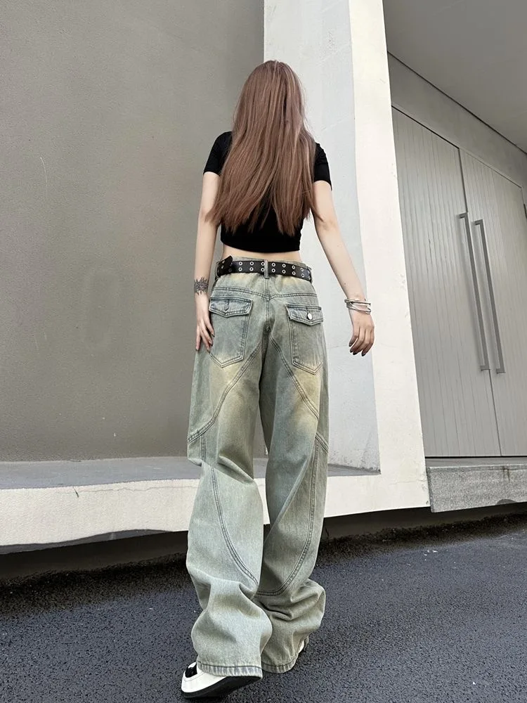 Retro waed americano sle lama tintura jeans feminino solto perna reta design de cintura alta primavera outono inverno uso sazonal