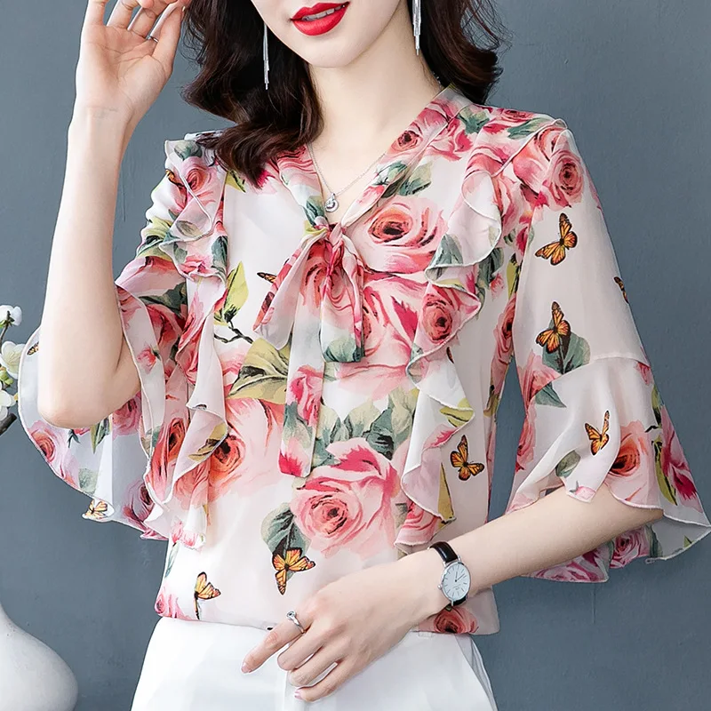 Women\'s Stylish Floral Print Ruffle Lace Up Blouse Elegant V Neck Short Sleeve Shirt Casual Loose Chiffon Tops Blusas Para Mujer