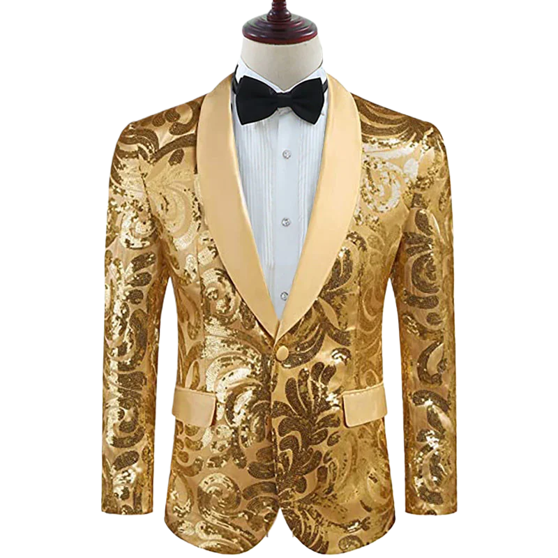 

Men's Shiny Gold Sequins Blazer Stylsih Shawl Collar One Button Tuxedo Floral Suit Jacket Party Wedding Groom Costume Homme
