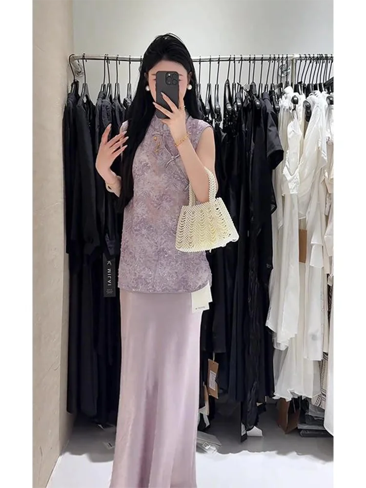 New Chinese Style Zen Inspired Sleeveless Vest And Skirt Set Women's High Waist Long Skirt Two Piece Set Floral Plant Pattern - view 3