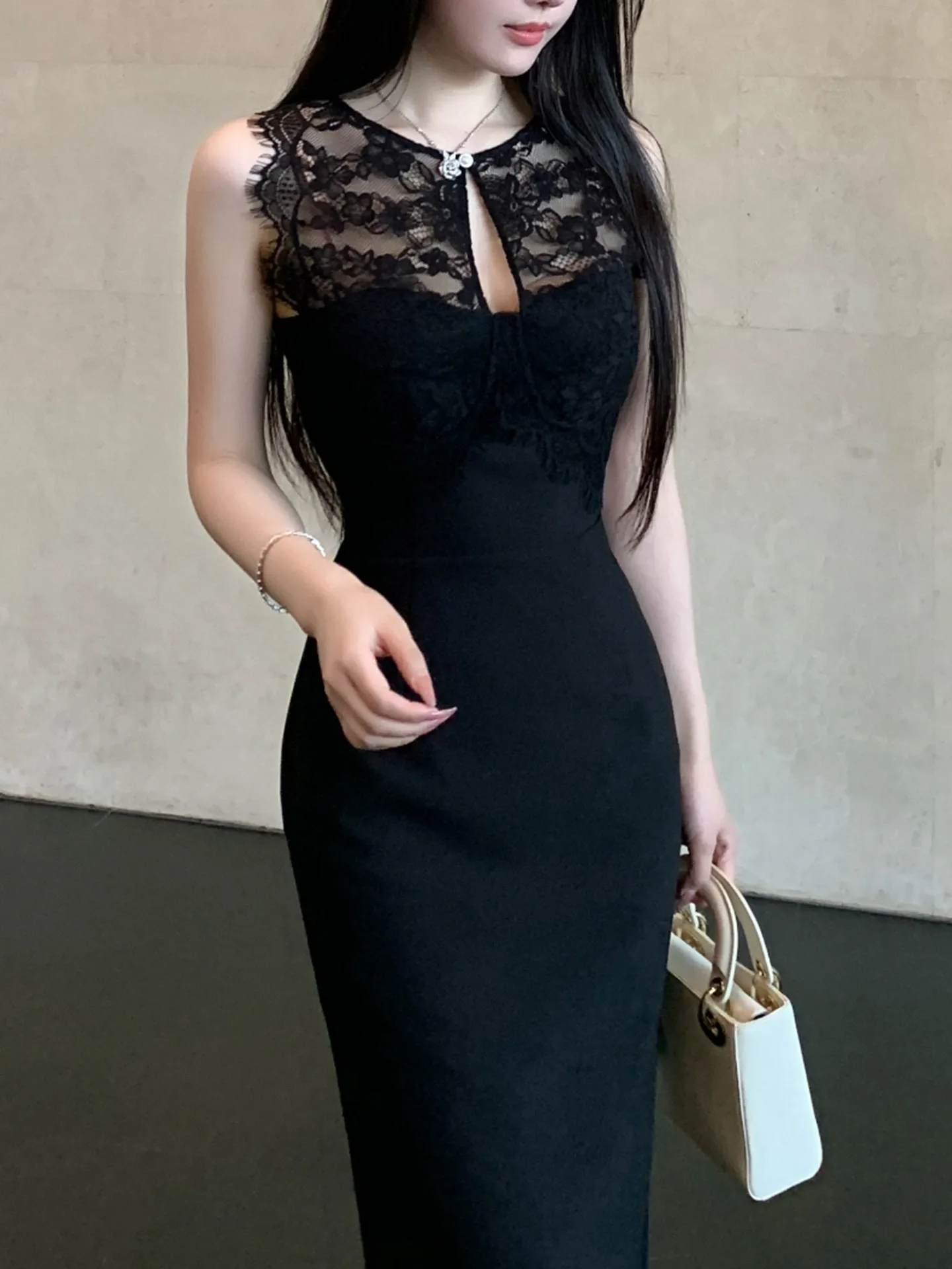 

Элегантное черное кружевное платье-боди с вставками, сексуальное, облегающее, длинное, из полиэстера, летнее, с завышенной талией, бальное платье, корейский стиль