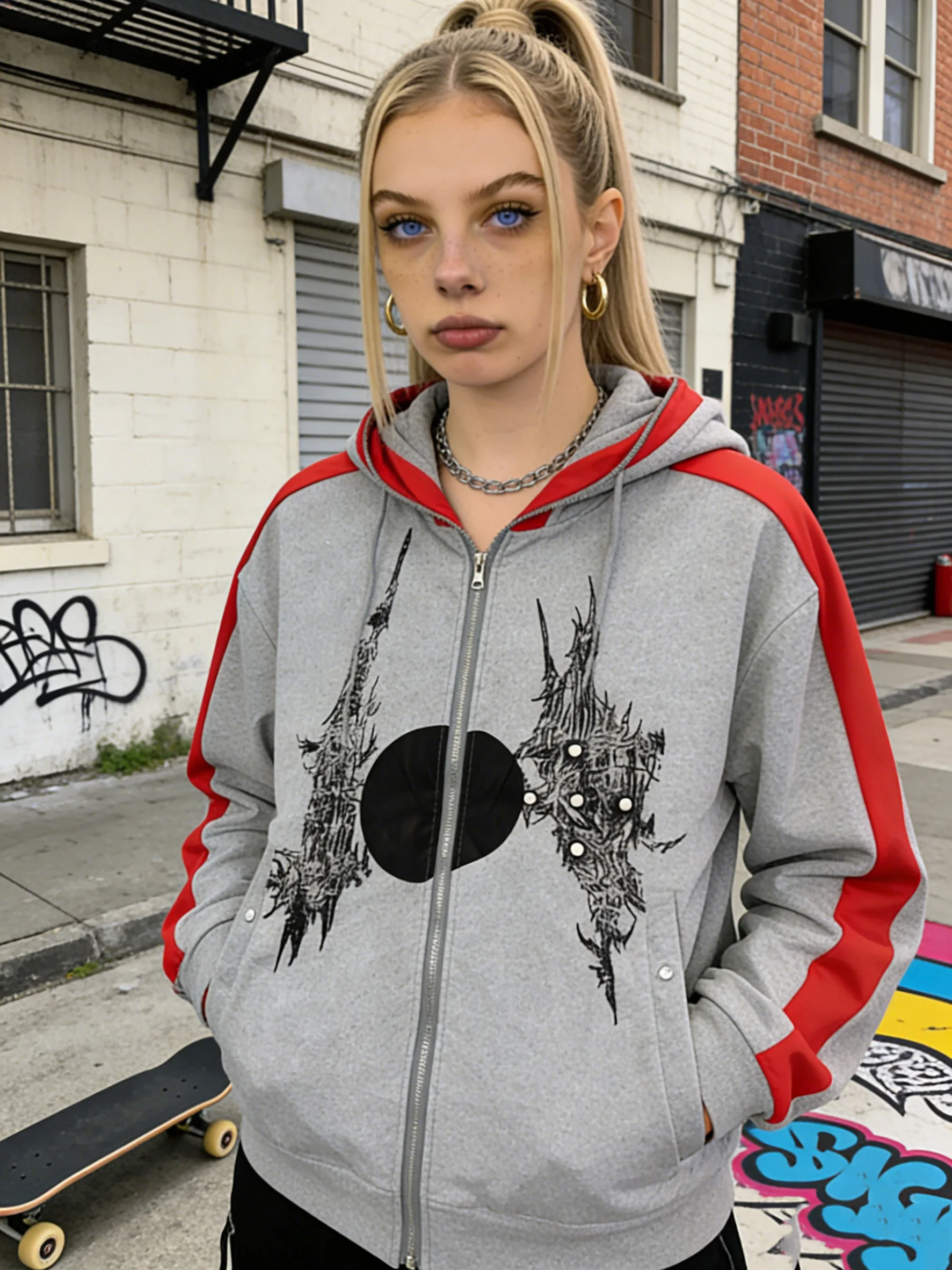 

American retro spicy girl red gray contrasting splicing spicy girl hooded hip-hop loose hoodie Y2K Harajuku style couple's top