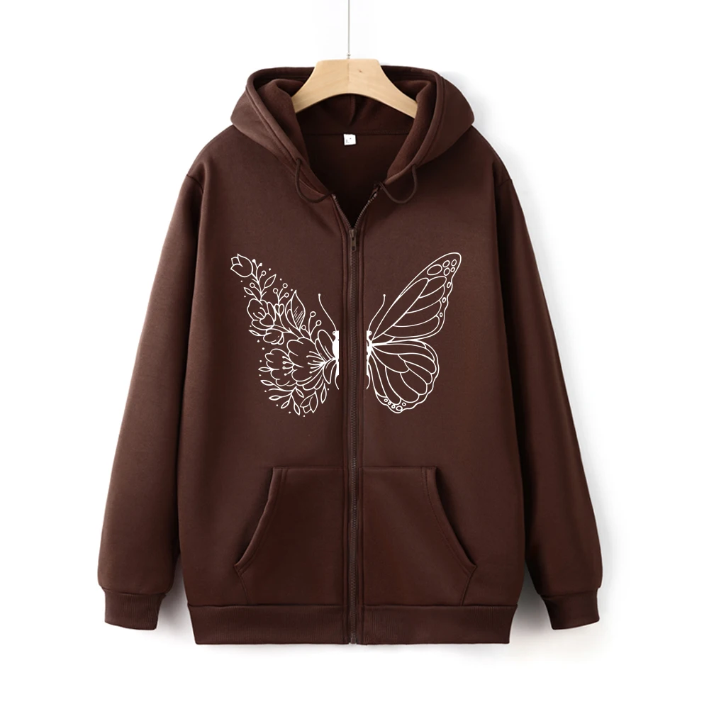 Casual Vintage Y2K Zipper Sweatshirt Harajuku Butterfly Graphic Print Unisex Zip-up Hoodie Autumn Fashion Women's Zip Hoody