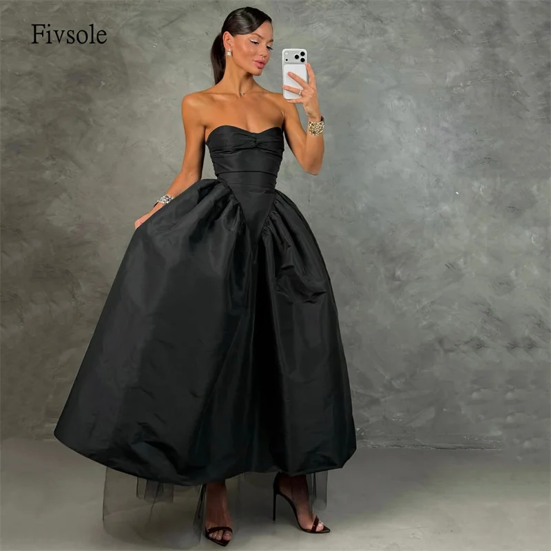 

Fivsole Simple Black Strapless A Line Prom Gowns Backless Party Gown Mesh Floor Length Evening Dress Customized