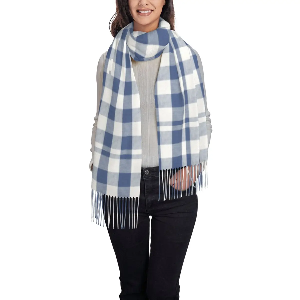 الكلاسيكية الأزرق القماش القطني منقوشة شرابة وشاح المرأة لينة متقلب هندسية الملمس شالات يلتف الأوشحة الشتوية الإناث