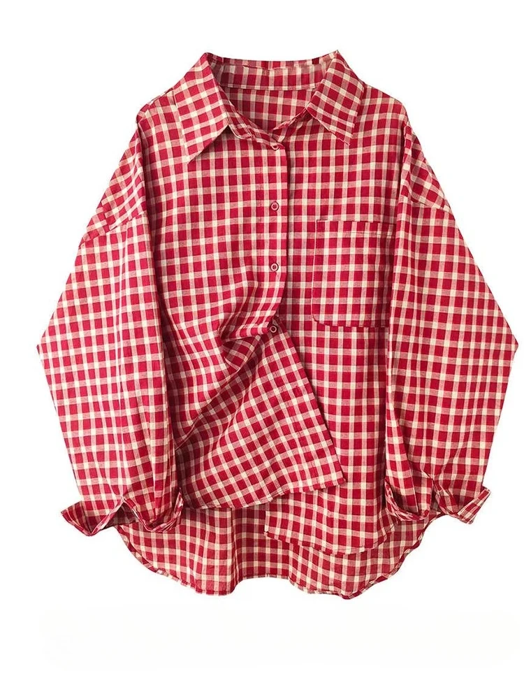Women New Vintage Red Plaid Shirt Turn-down Collar Over Long Sleeve Streetwear Loose Patchwork Harajuku Blouses 2026 Y2k Autumn