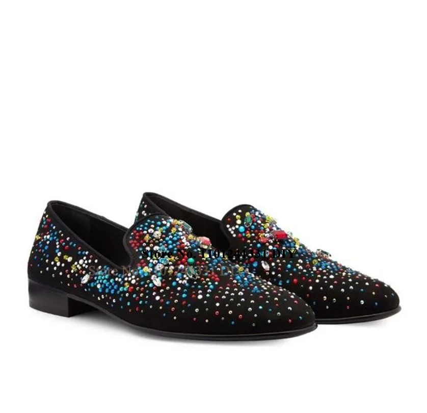 Multicolour Crystal Embellished Loafers Men Slip On Jewellery Based Casual Shoes Zapatillas Chaussure Man's Shoes Flats