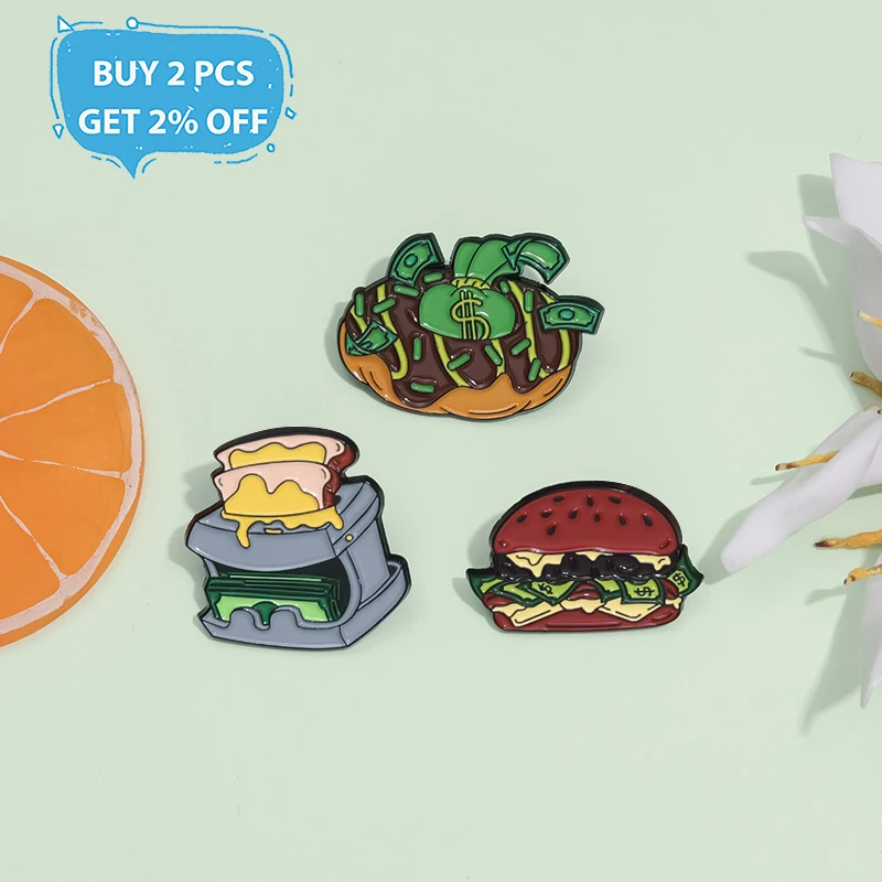 25 Style Creativity Money Enamel Pins Custom Burger Bread Maker Brooches Lapel Badges Clothes Funny Jewelry Gift for Friends