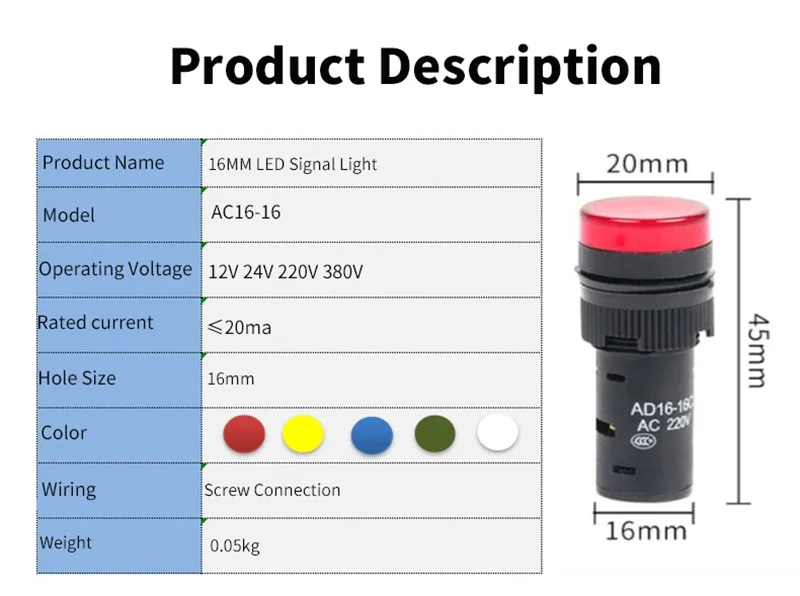 16Mm Panel Mount Signaal Power Led Indicator Licht Blauw Groen Rood Wit Geel Pilot Lamp Ac/Dc 12V/24V/220V Signaal Waarschuwing Lamp