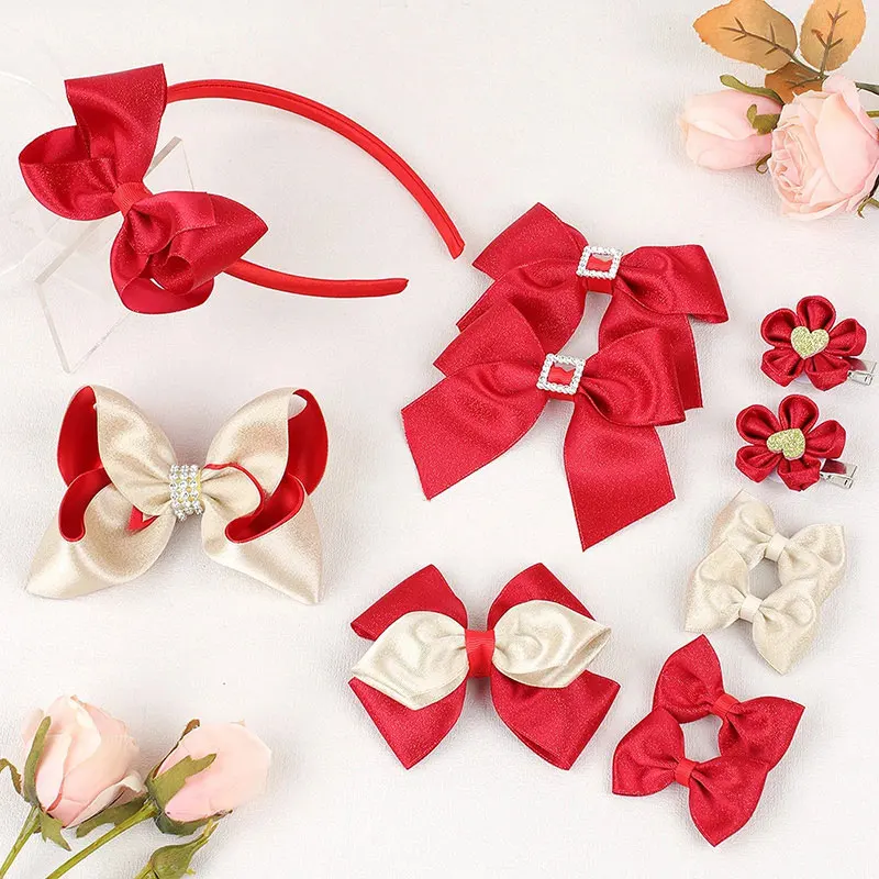 Happy New Year Bows Hair Clips Red Hair Bands Hair Accessories For Girls Rhinestone Barrettes Headwear Floral Hairpins Kids Gift