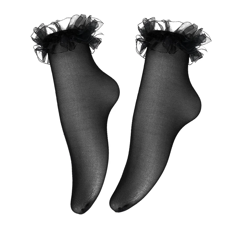 Lolita – chaussettes transparentes en dentelle à volants noire, Vintage, élastiques, à pois, transparentes, pour femmes, Sokken Vrouwen