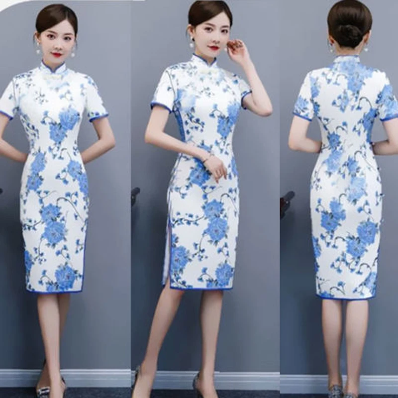 Qipao Summer New National Fational Style Temperament Ladies Modified Cheongsam Dress Women's Mid Length Split Bottom Skirt