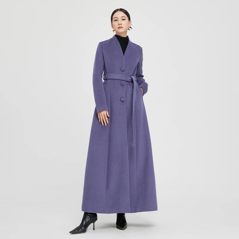 New Women Autumn Winter Overlength Wool Blended Coat Fashion V-Neck Single Breasted Long Woolen Overcoat Elegant Simplicity Coat