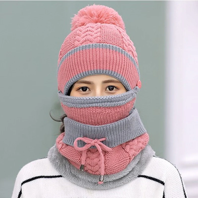 Knitted Scarf Hat Set Warm Women\'s Winter Outdoor Cycling Sports Ear Protection Hat Scarf No brim Pullover Hat