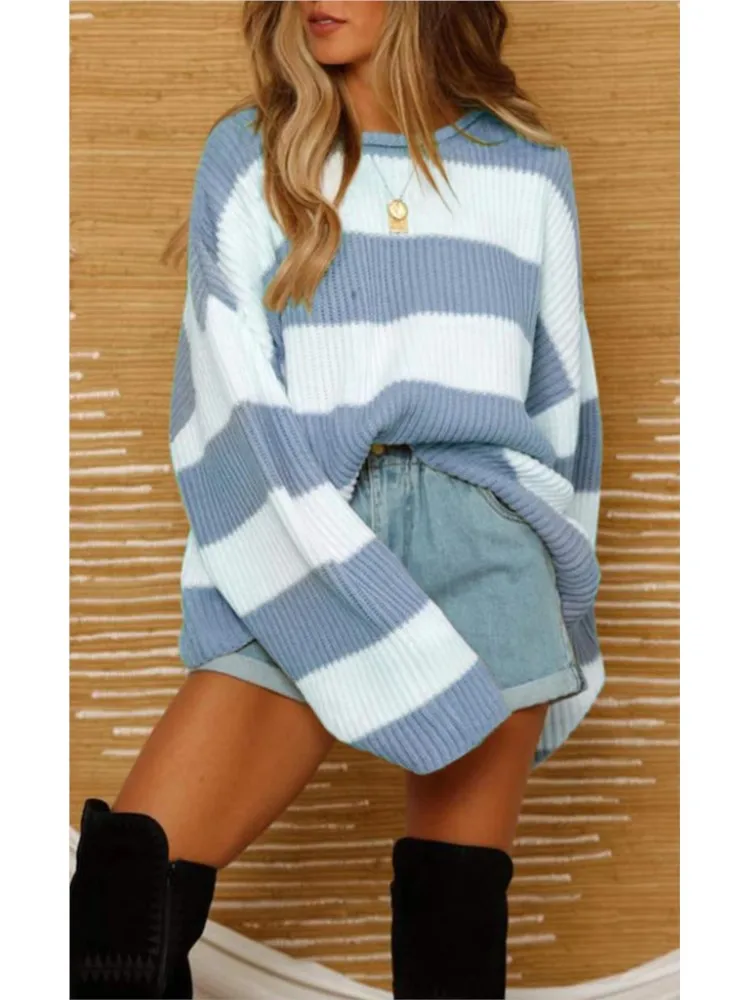 Autumn And Winter O Neck Long Sleeve Striped Sweater For Women 2024 Fashion Bell Sleeve Loose Knitted Sweaters Y2k Preppy style