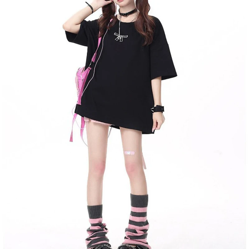 Womens Round Neck Oversized Short Sleeve T Shirt Back Lace Up Bow Ribbon Hollow Out Loose Mid Length Top