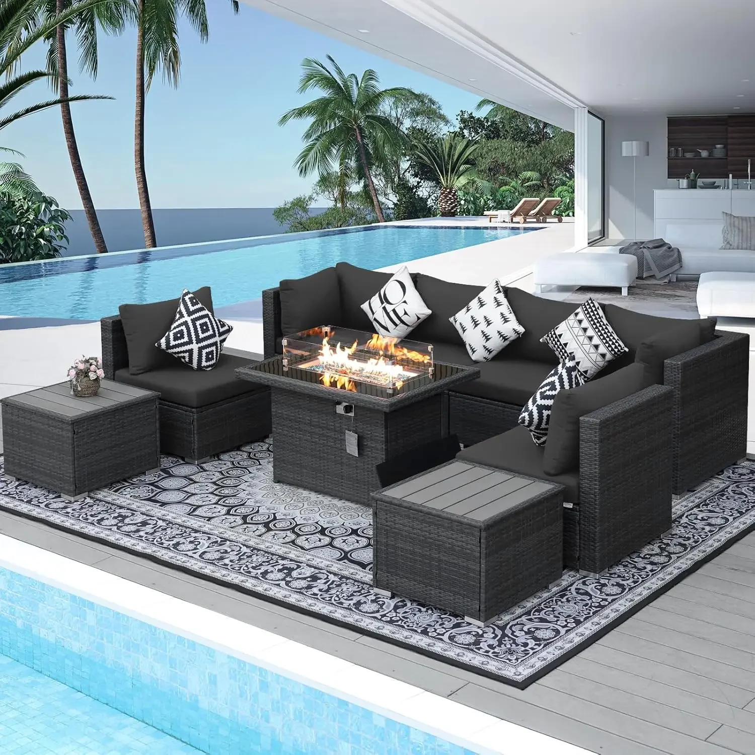 NICESOUL ® 9-piece outdoor terrace combination furniture 29.3-inch high back sofa with fire pit table, natural gas propane