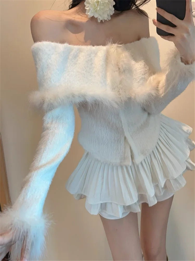 

Christmas Holiday Red Slash Neck Short Sweater New Fall Winter Fashion Fur Patchwork Top Long Sleeve Jumper Casual Knitted Shirt