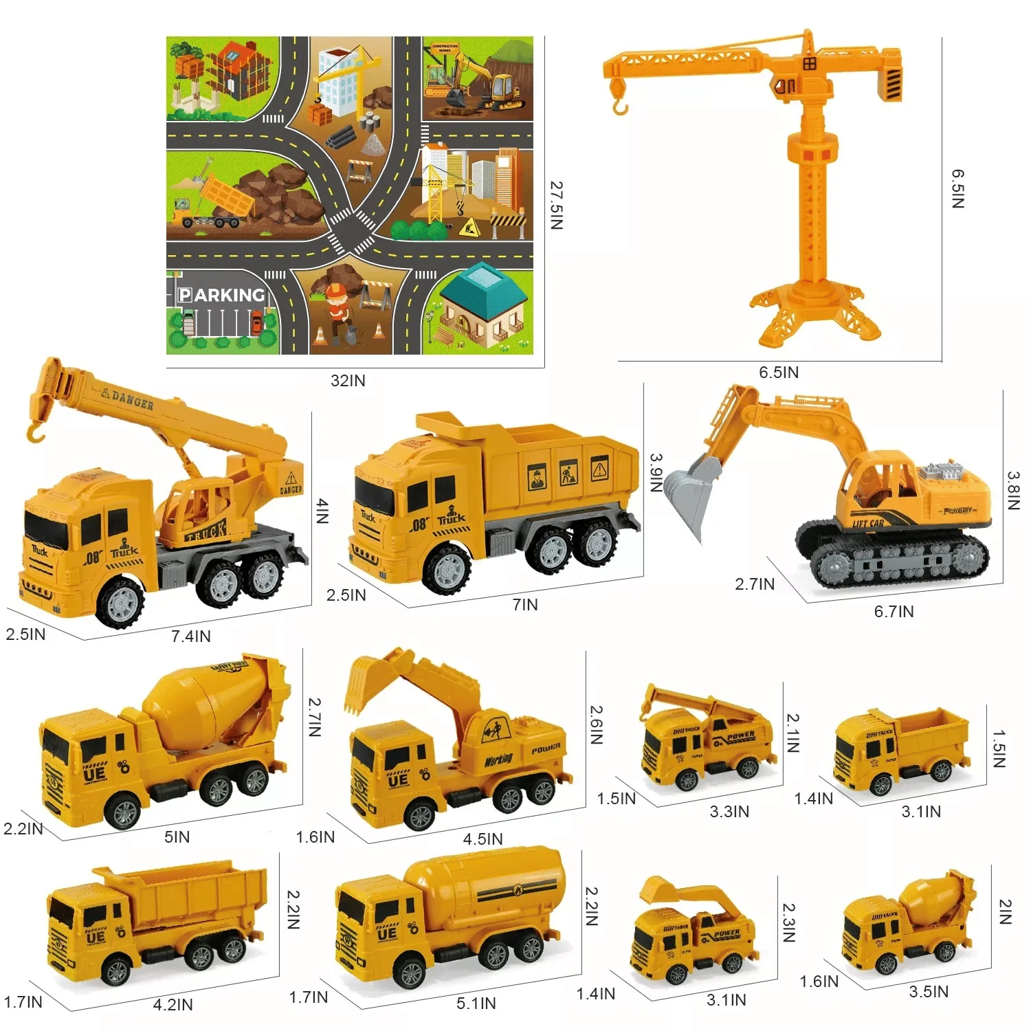 Camion giocattolo per veicoli da costruzione con segnaletica stradale con tappetino da gioco, autocarri con cassone ribaltabile, escavatore, camion betoniera, gru, veicoli di ingegneria