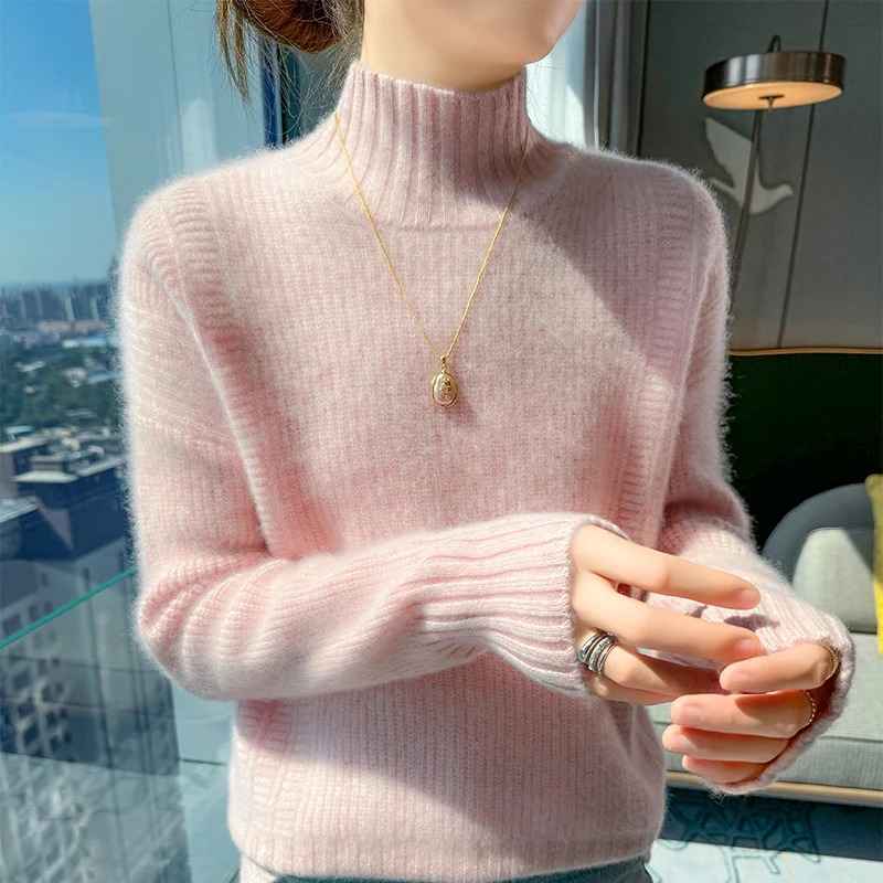 

Осень/зима 2025, новый свитер из 100% чистой шерсти, женский свободный утолщенный бесшовный вязаный кашемир с полувысоким воротником и длинными рукавами