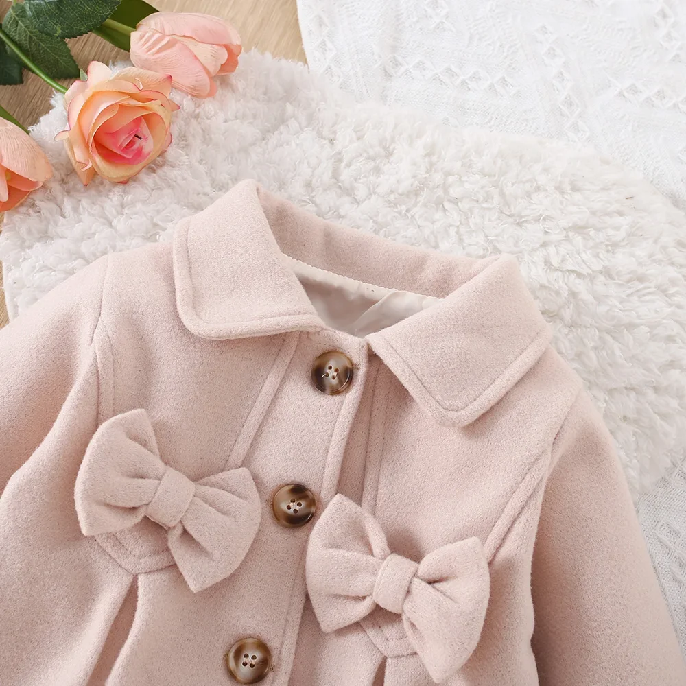 Winter New Girls\' Blouse Button Coat Coat Solid Color Simple Fashion Lapel Long Solid Color Bow (0-3 Years Old)