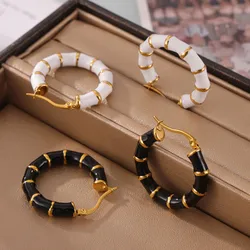 Vintage Black White Enamel Bamboo Shape Hoop Earrings For Women Stainless Steel Gold Plated Waterproof Women's Hanging Earring