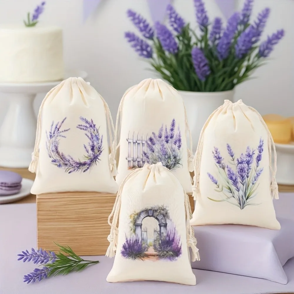 

VIKAMA [6pcs] Elegant Lavender Print Drawstring Bag. Wedding, Birthday & Christening Party Gift Bags, Party Gift Packaging Decor