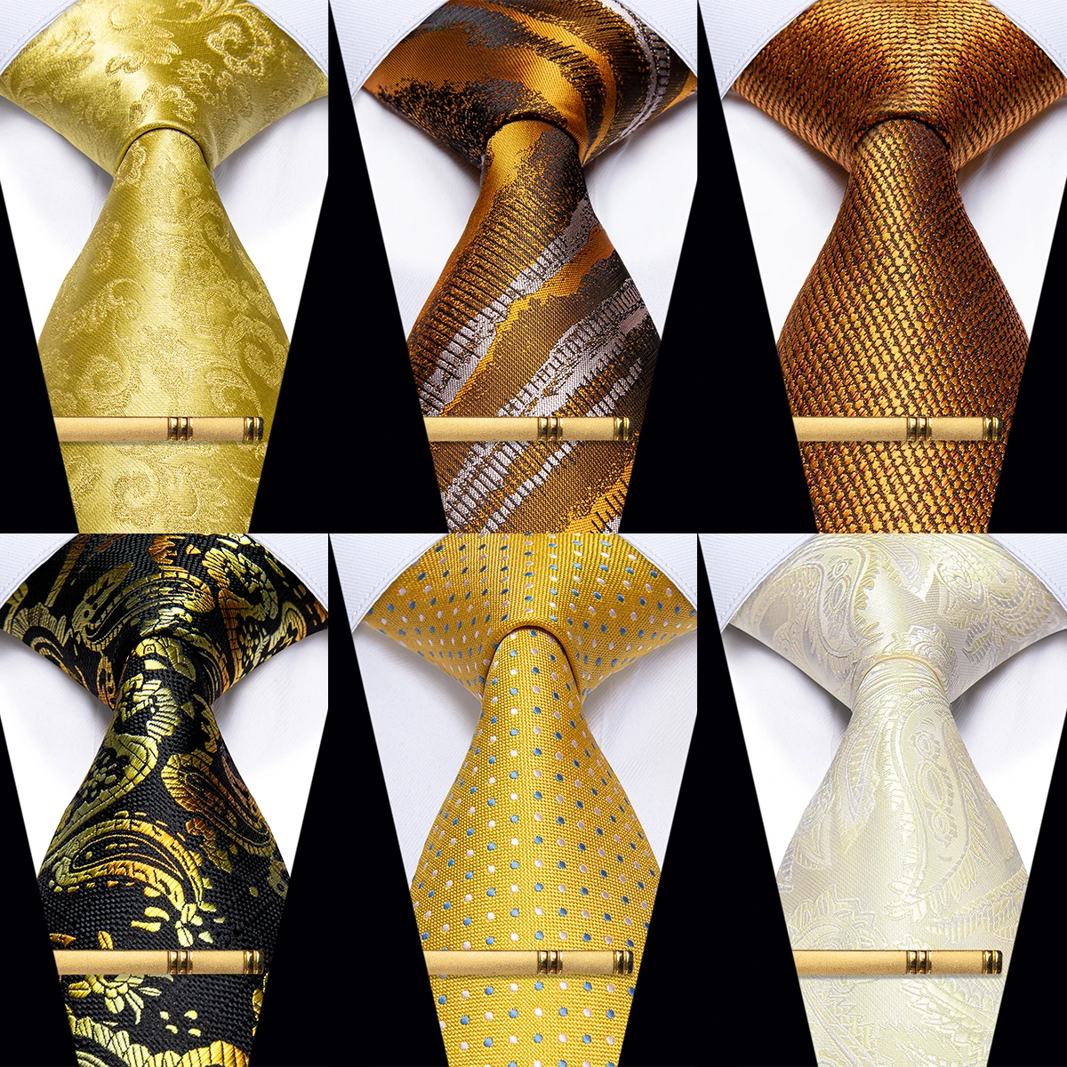 Silk 8 CM Yellow Necktie for Man Wedding Party Business Gold Striped Plaid Pailey Men's Ties and Clip Shirt Accessories Gift