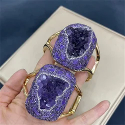 Natural Amethyst Tourmaline Cuff Bracelet Turkish Crystal Quartz Bangles Exquisite Women's Banquet Jewelry Party Dress Acces