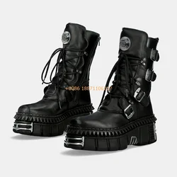 Metal Rock Punk Motorcycle Boots New Street Rock Belt Buckle Lace-Up Short Boots Black 35-45 Women Sports Casual Knight Boots