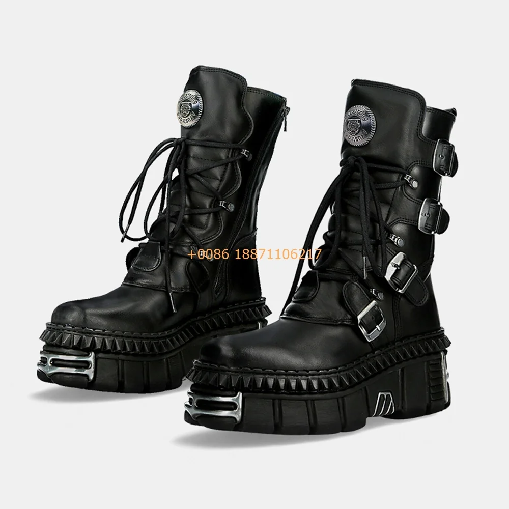 Metal Rock Punk Buty motocyklowe New Street Rock Belt Buckle Lace-Up Short Boots Black 35-45 Women Sports Casual Knight Boots