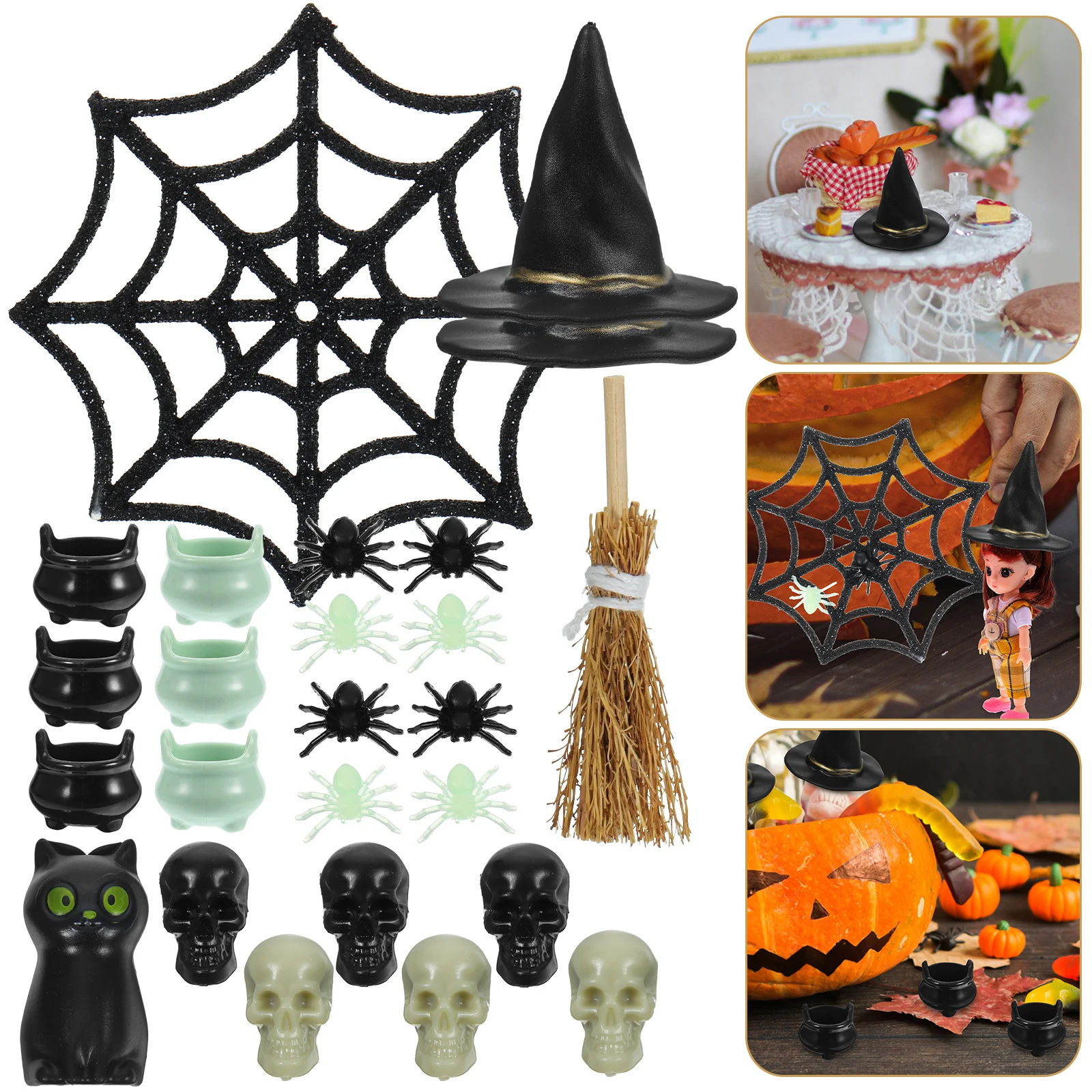 Halloween Party Decoration Witch Hat Spider Web Props Plastic Black Spider Mini Broom Cauldron House Miniature