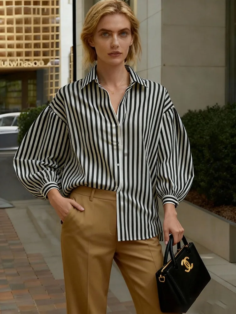

Female Stylish Seletion Black White Striped Casual Shirts Tops 2026 New Puff Sleeves Loose Trendy Office Lapel Blouses