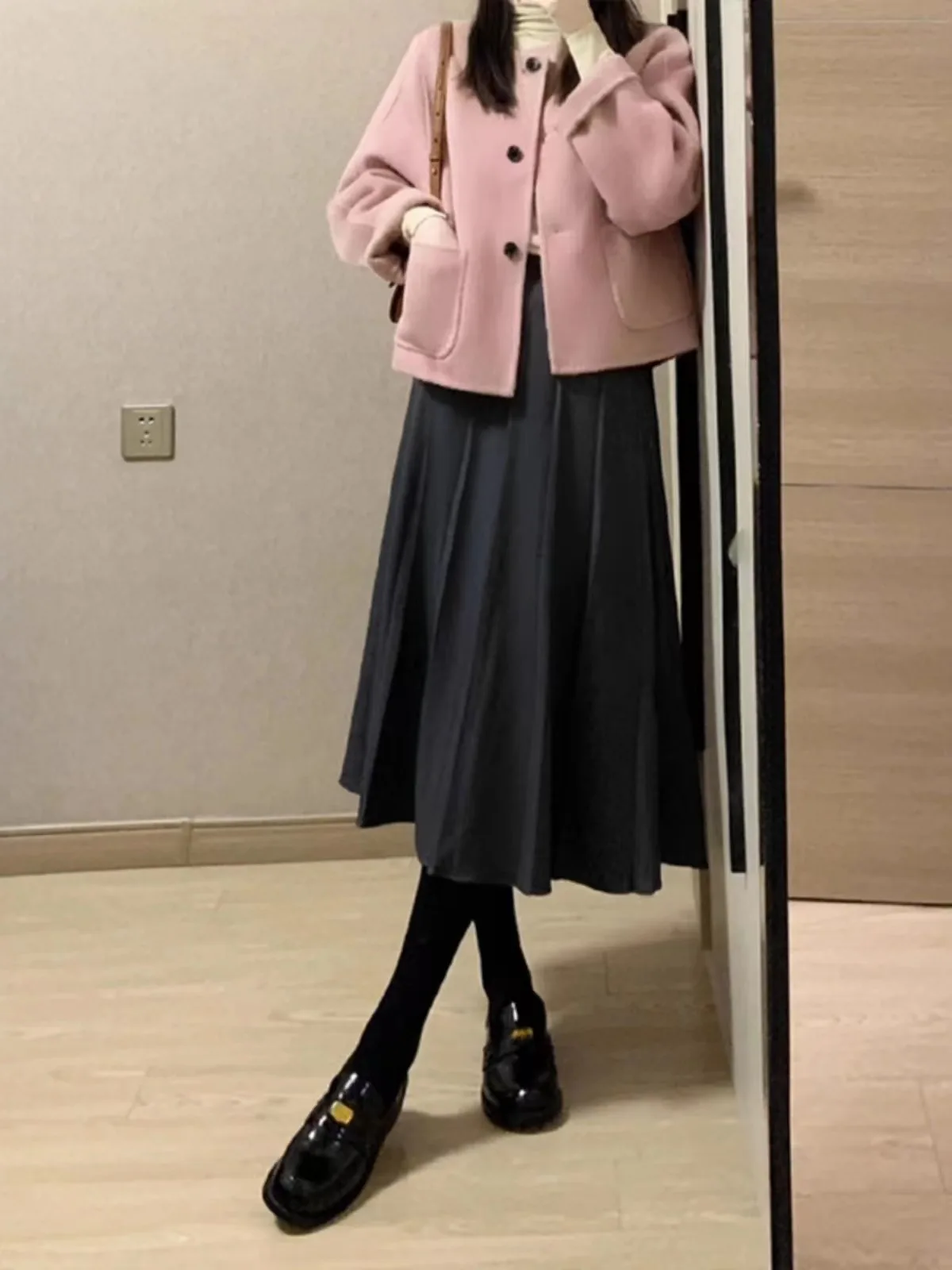 Plus Size Age Reducing Slimming Women Suit Jacket Skirt Autumn and Winter Korean Style Coat Top Long Pleated Skirt Two-piece Set