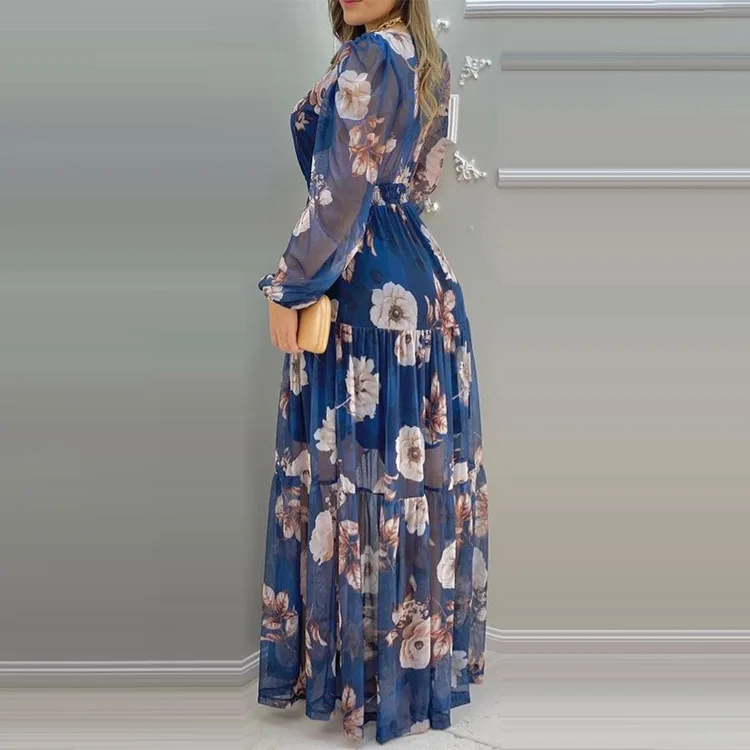 Summer Holiday Fashion Women\'s Dress Elegant Casual Floral Printing Mesh Splicing V-Neck Long Sleeve High Waist Maxi Dress