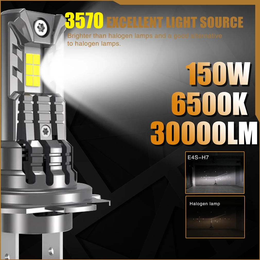 2Pcs H7 Led Headlight Bulb 150W Ultra Powerful 30000LM Super White 6500K 12V Canbus H7 Car Lamp Error Free H7 TurboLight