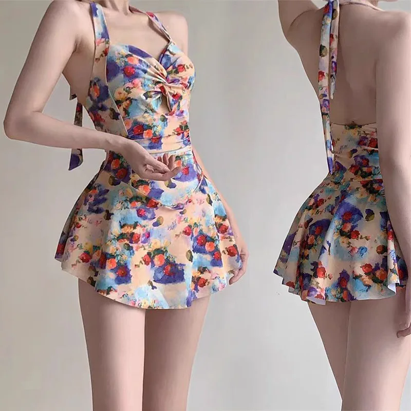 Summer Swimsuit Women's Suspender One-piece Thin Niche Retro Floral Thin Backless Girl Hot Spring Swimsuit