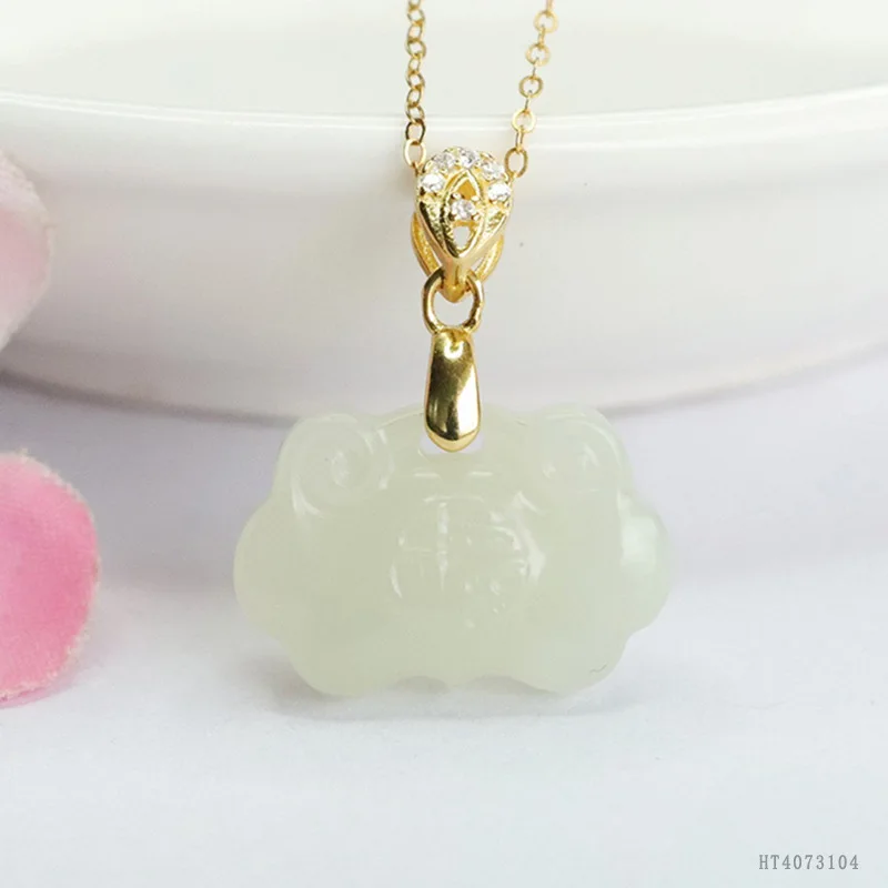

S925 Silver Lucky Lock Pendant Natural Hetian Jade Necklace Charm HT4073104